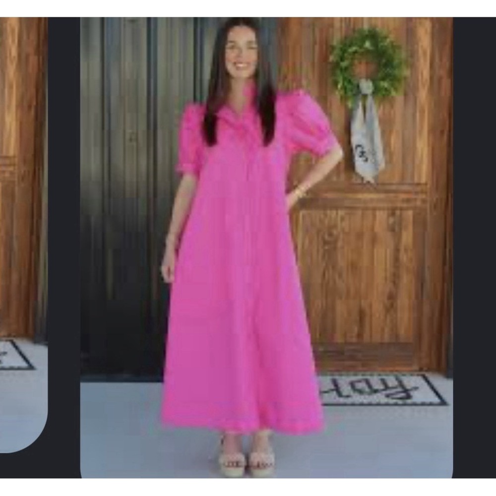 Entro Puff Sleeve Midi Shirt Dress Barbie Pink Ruffle Trim Size L Button Up Boho
